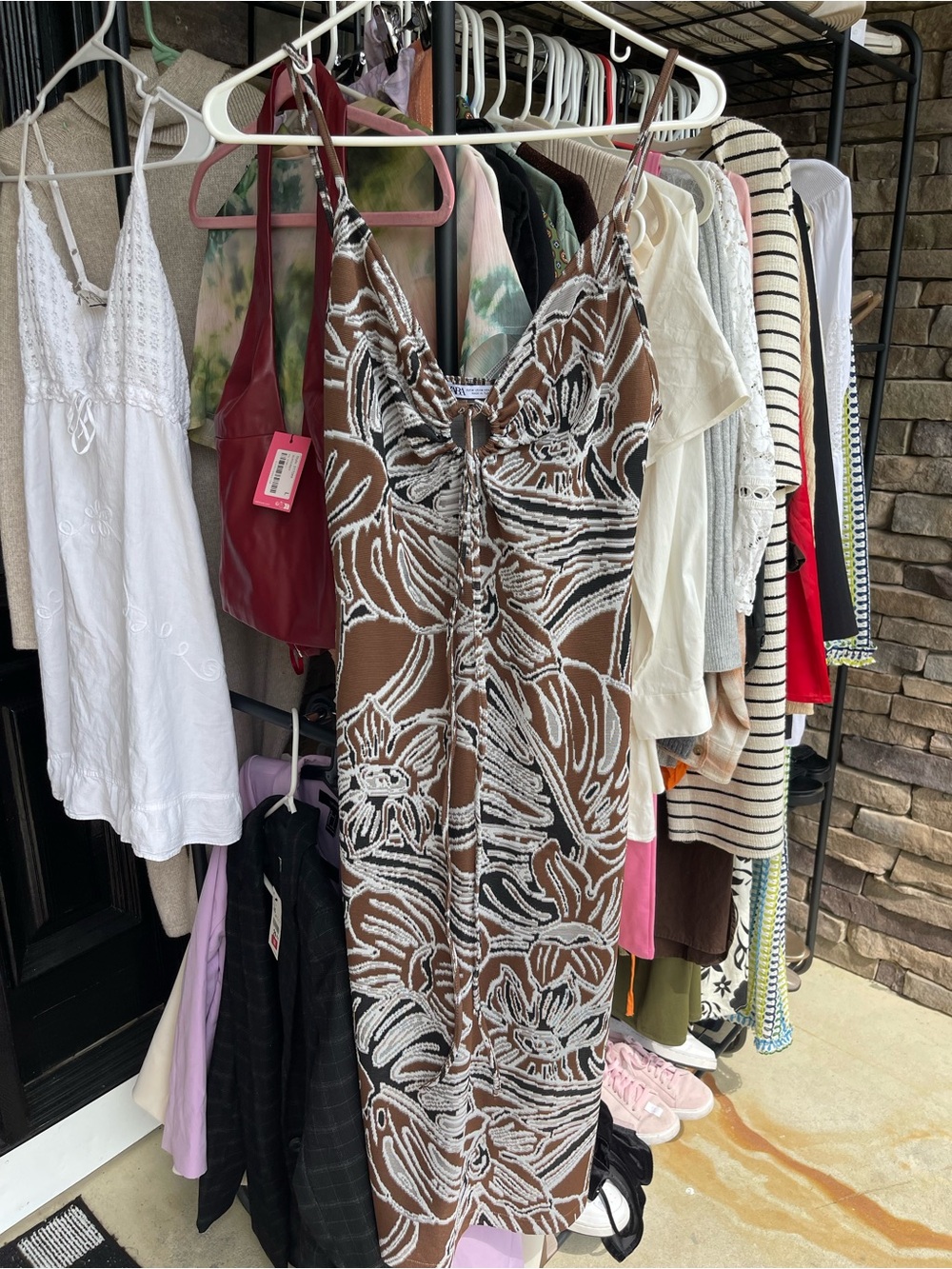 Zara Brown & White Patterned Tie-Front Dress